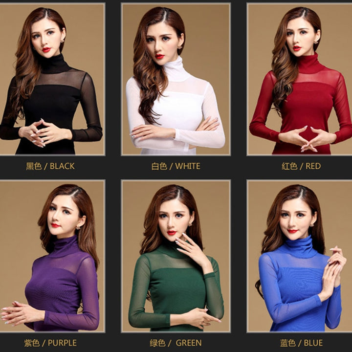 Womens blouse black white casual long sleeve lace under shirts elastic tops