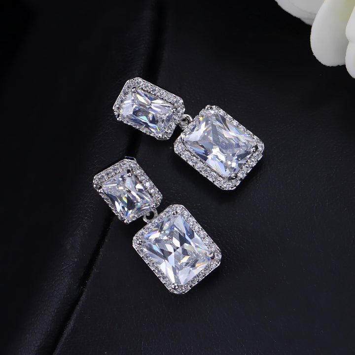 Sparking Double Big Geometric Square Iced Out Cubic Zirconia Crystal Women Wedding Earring for Dinner Party Wear Accessories