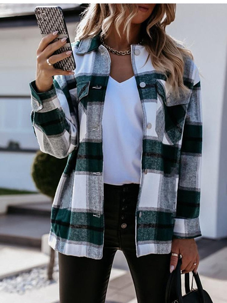 Autumn Winter 2021 Women Top Button Jacket Coat Fashion Casual Vintage Plaid Elegant Single Breasted Long Sleeve Outerwear Tops