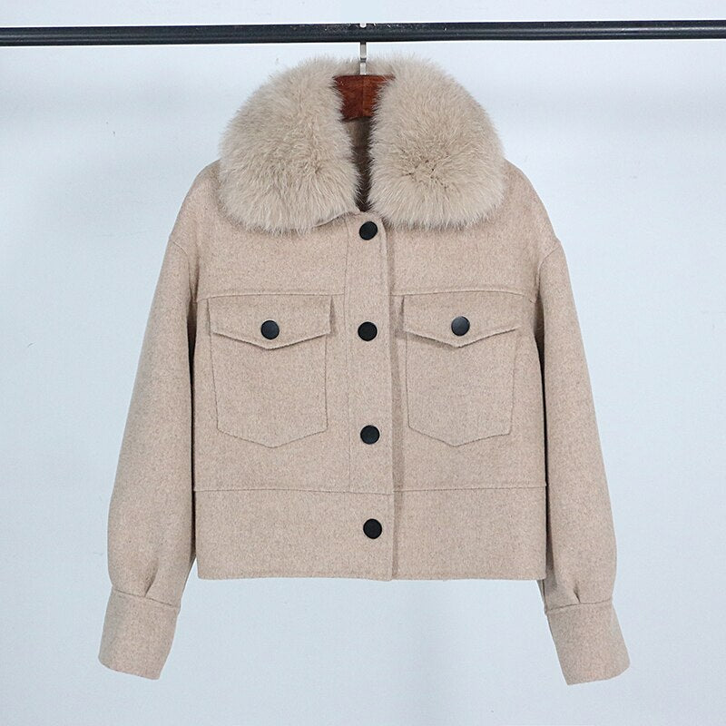 Wool blend womens winter jacket real fur collar pockets outwear