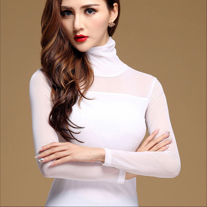 Womens blouse black white casual long sleeve lace under shirts elastic tops