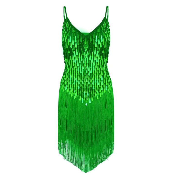 Women spaghetti straps sparkling sequins fringe dance party dress gowns