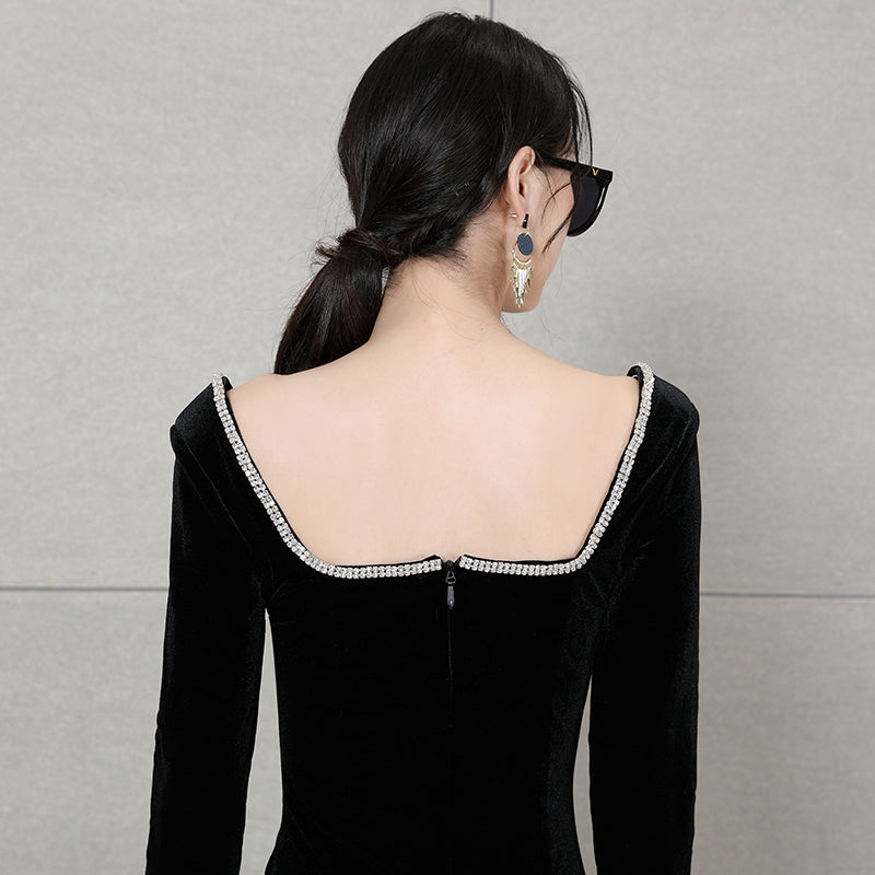 Elegantes womens casual clothing black velvet v neck with rhinestone dress