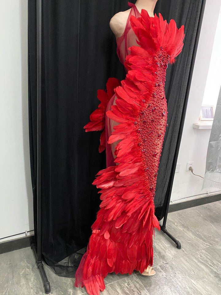 Red crystal see through feathers mermaid dress womens rhinestone