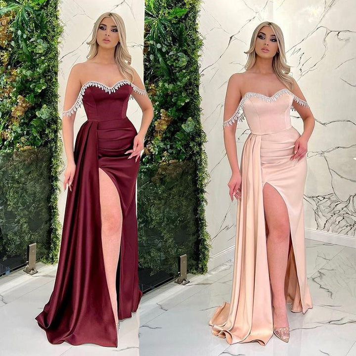 Crystal bridesmaid dress champagne off shoulder mermaid silk satin gowns