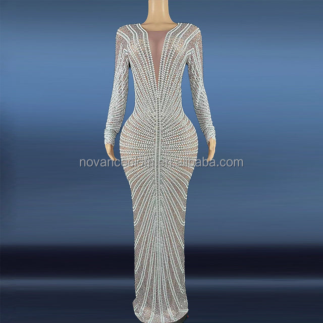 Womens dress shiny sequined crystal appliqued long gown
