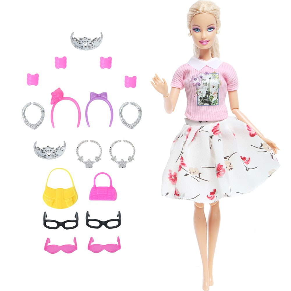 14 Pcs / Lot = 1x Fairy Tale Doll Dress + 13x Random Accessories Shoes Handbag Glasses Clothes for Barbie Doll Baby Girl Toys