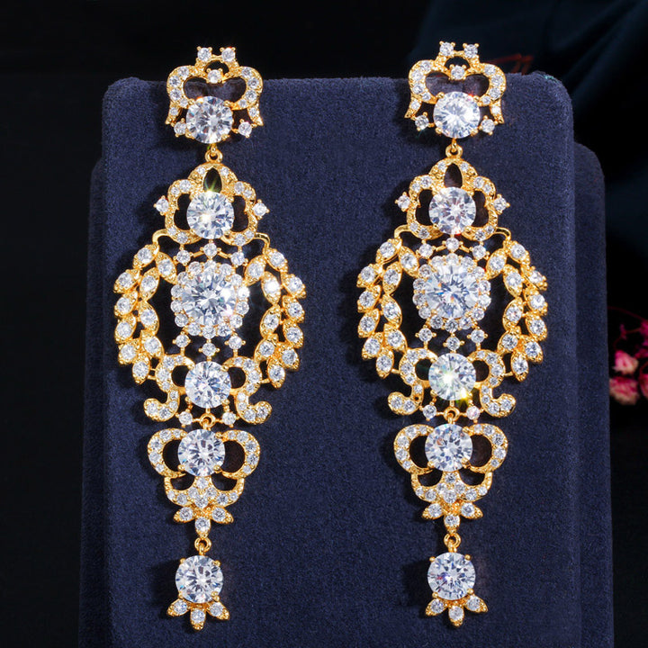 85mm Exclusive Extra Long Leaf Drop Dangle Cubic Zircon Wedding Engagement Party African Gold Plated Earrings for Women Jewelry