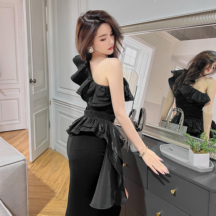 Summer special designs off shoulder fancy women night ruffles dress