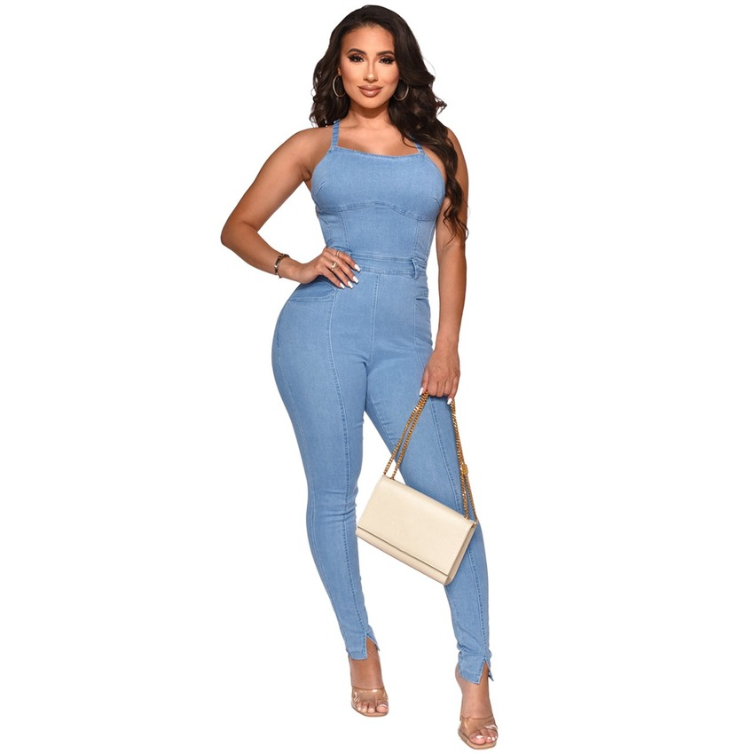 Denim womens rompers spaghetti straps long skinny backless 1 pc overalls