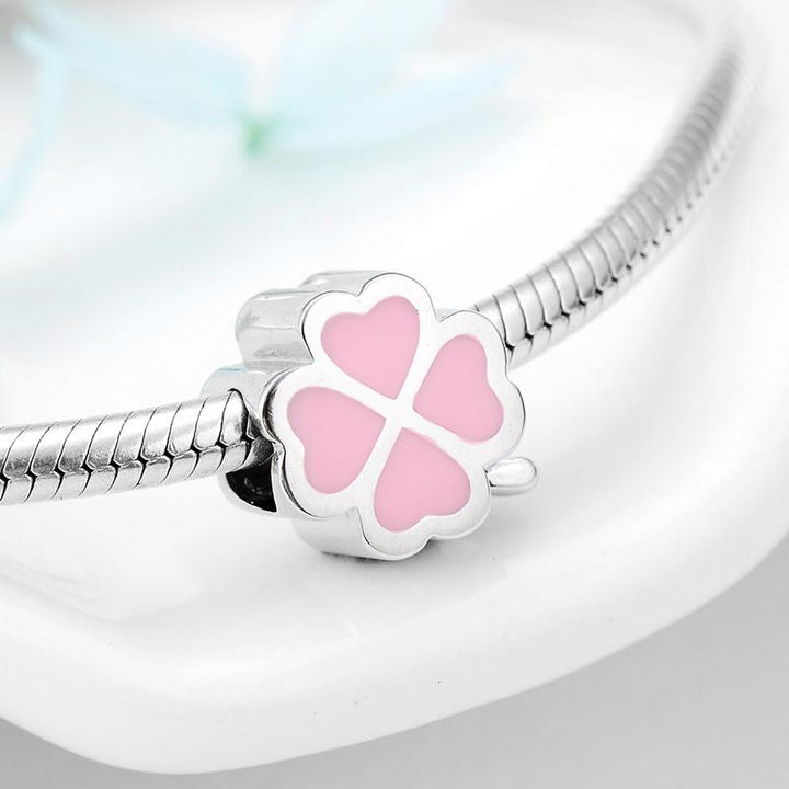 Sterling silver 4 leaf clover shape pink enamel charm bracelets jewelry