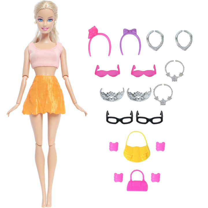 14 Pcs / Lot = 1x Fairy Tale Doll Dress + 13x Random Accessories Shoes Handbag Glasses Clothes for Barbie Doll Baby Girl Toys