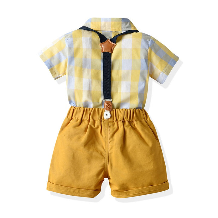 Top and Top Baby Boy Gentleman Clothes Set Toddler Short Sleeve Plaid Bowtie Shirt+Suspender Shorts Formal Newborn Boys Clothes