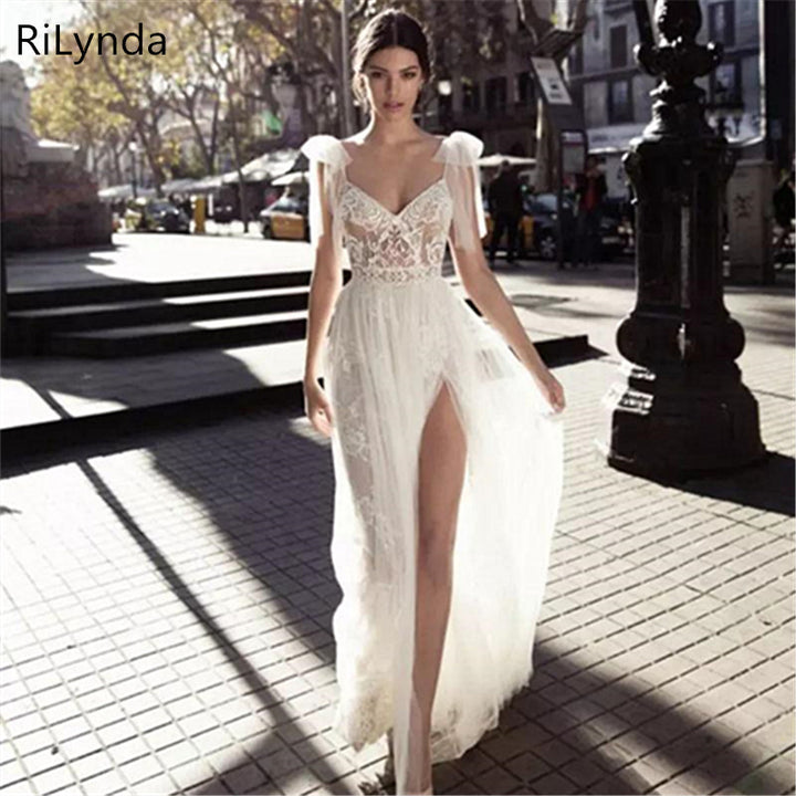 High Slits Wedding Backless Sexy Spaghetti Neckline Lace Bridal Gowns Plus Size