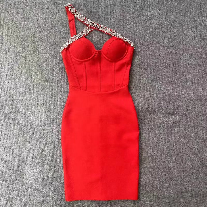 Womnes one shoulder collar rhinestone bodycon evening dresses