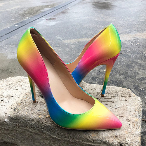 Veowalk Rainbow Colorful Patent Leather Women Sexy Stiletto Extemely High Heels, Fashion Pointed Toe Pumps Party Shoes