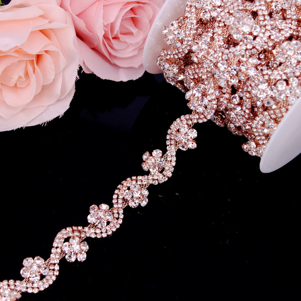 Fancy Rose Gold Fashion Crystal Rhinestone Cup Chain Trimming Bridal Dress Decoration for Wedding Dresses Garment Applique Trim