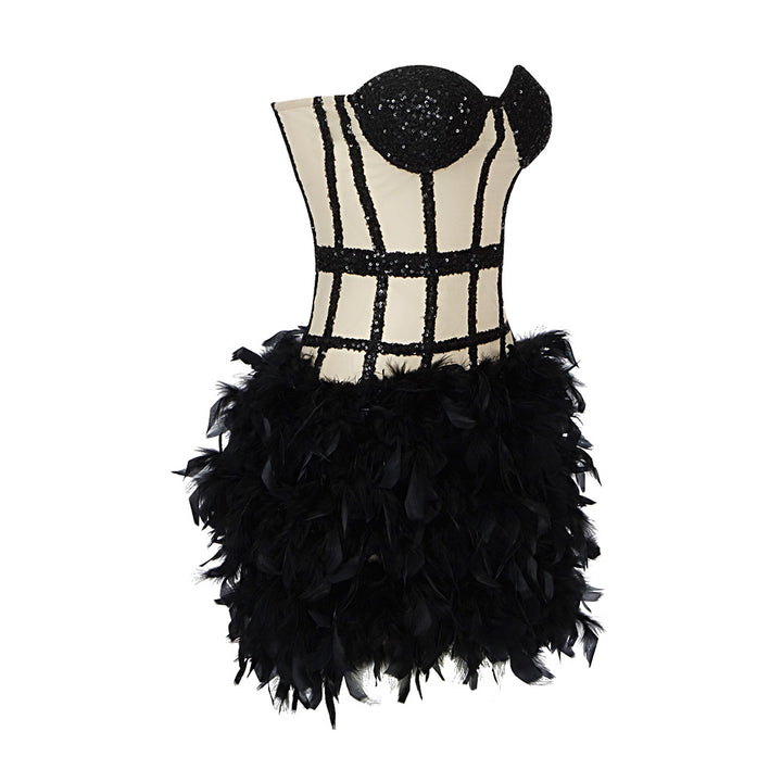 Womens blacksequin and feather fashion mini sequin dress