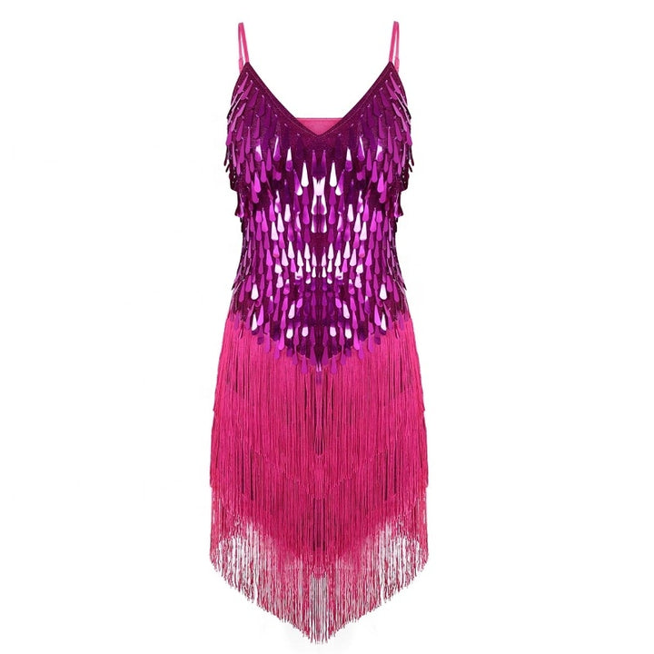 Women spaghetti straps sparkling sequins fringe dance party dress gowns