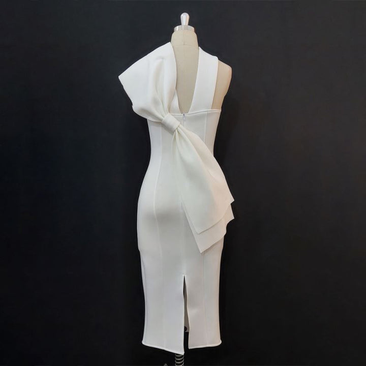 Bodycon one shoulder dress bowtie elegant split women