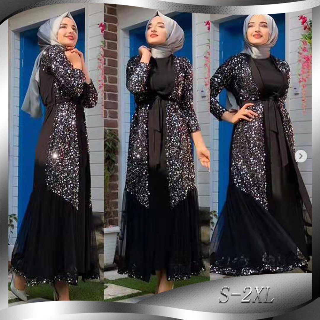 Sequins black kaftan kimono cardigan muslim hijab dress