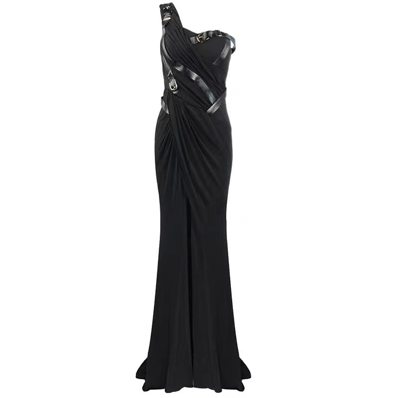 One shoulder sleeveless black mermaid slit long womens dress