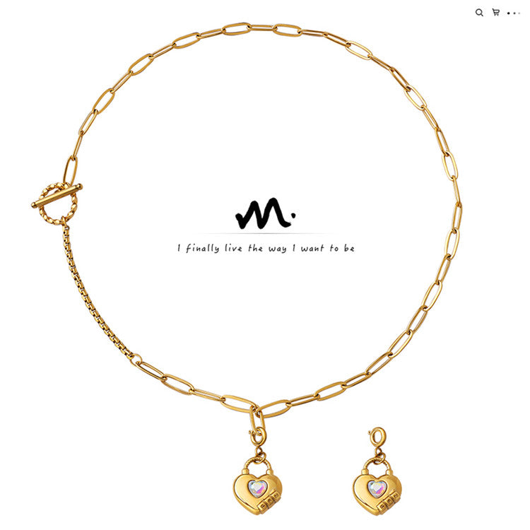 18k gold plated chunky chain button glass crystal heart necklace