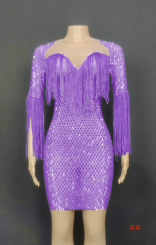 Crystal diamonds tassels women clothing sheath low cut see through luxury party gown
