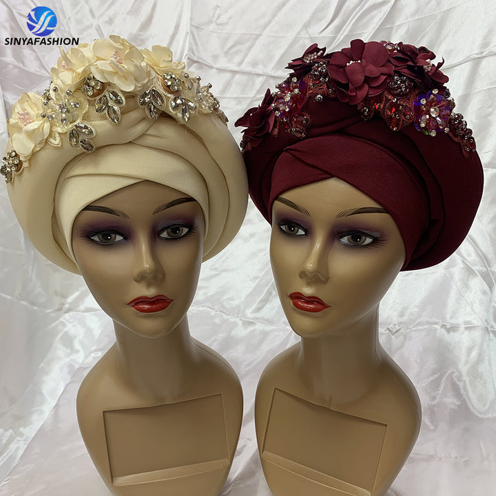 Best selling turban hat flower designs crystal auto gele headtie for women