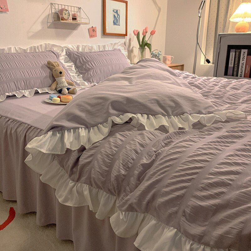 Pink ruffled soft lightweight down duvet cover  bedskirt pillowcases set