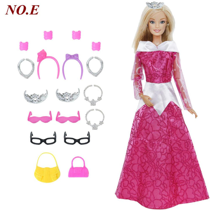 14 Pcs / Lot = 1x Fairy Tale Doll Dress + 13x Random Accessories Shoes Handbag Glasses Clothes for Barbie Doll Baby Girl Toys