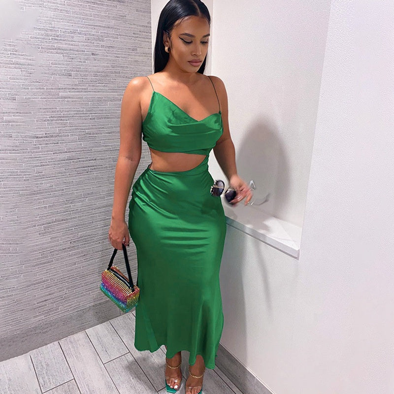 Trendy new ladies elegant spaghetti strap dress hollow waist green long maxi