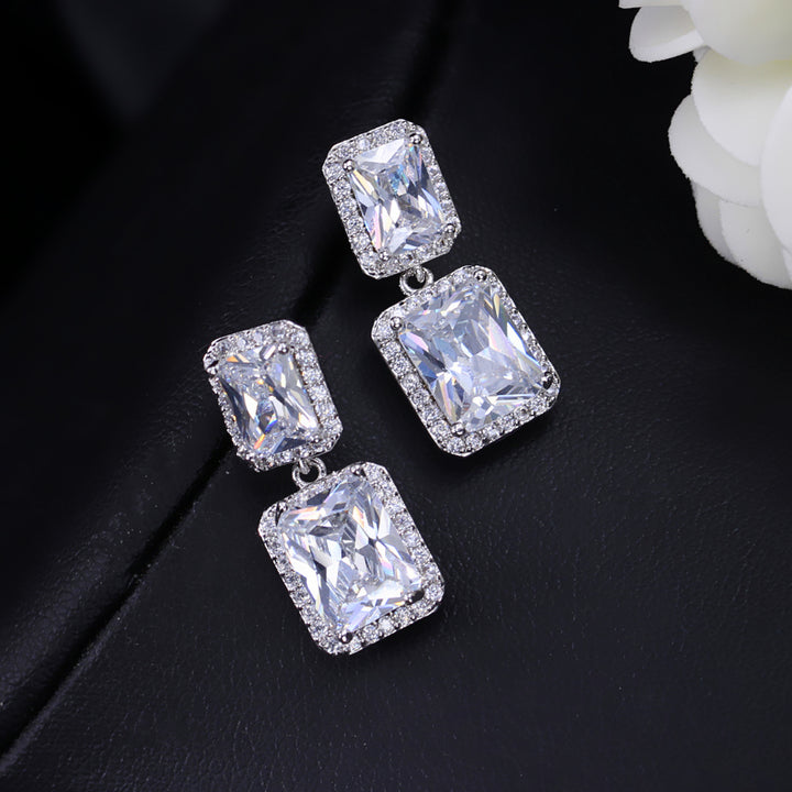 Sparking Double Big Geometric Square Iced Out Cubic Zirconia Crystal Women Wedding Earring for Dinner Party Wear Accessories