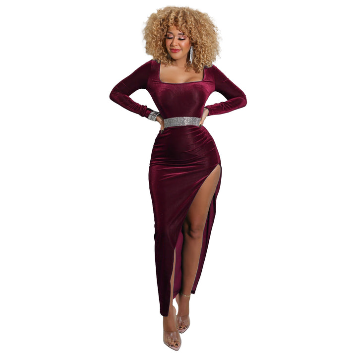 Womens dress solid color square neck high split golden velvet
