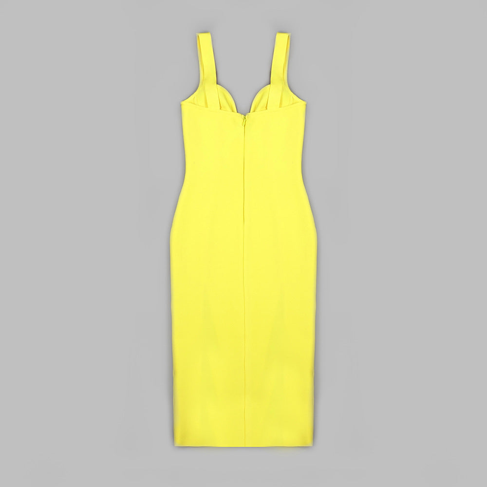 High end women clothing yellow fashion design v neck dress split