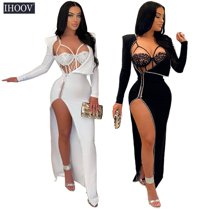 Trendy party wear lace bodysuit long sleeve womens prom dress 2 pc