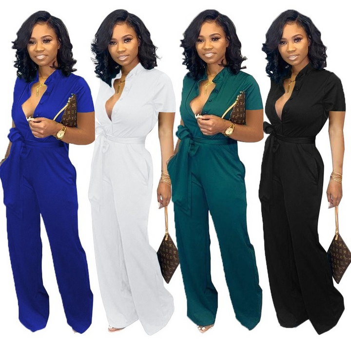 Women jumpsuit short sleeve elegant long wide leg pants overalls high waist