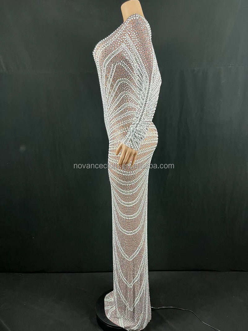 Womens dress shiny sequined crystal appliqued long gown