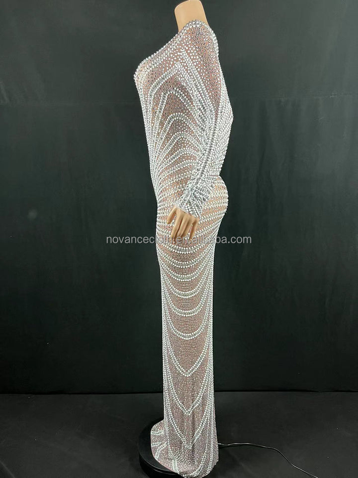 Womens dress shiny sequined crystal appliqued long gown
