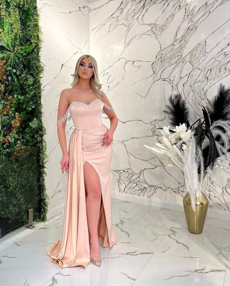 Crystal bridesmaid dress champagne off shoulder mermaid silk satin gowns