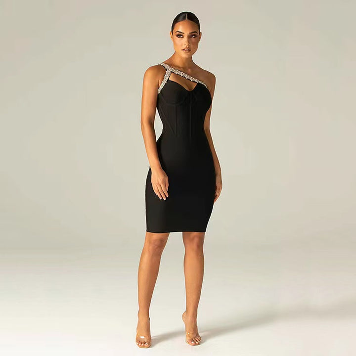 Womnes one shoulder collar rhinestone bodycon evening dresses