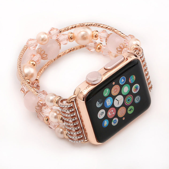 Fashion Stainless Steel Jewelry Wrist Pearl Strap Beaded Bracelet Watch Bands 38mm 40mm 42mm 44mm for Apple Watch Bands