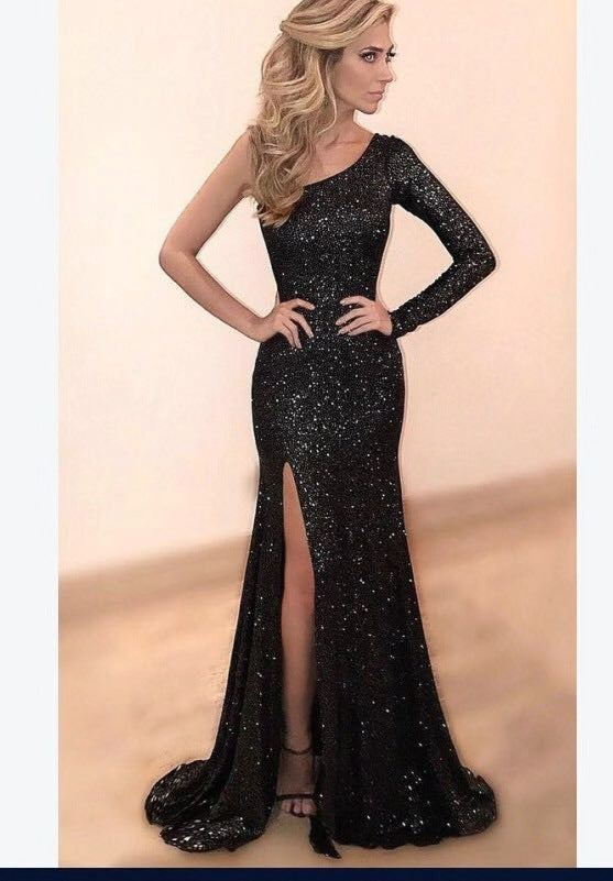 Luxury sequin formal evening dress womens bag hip trailing banquet long gown