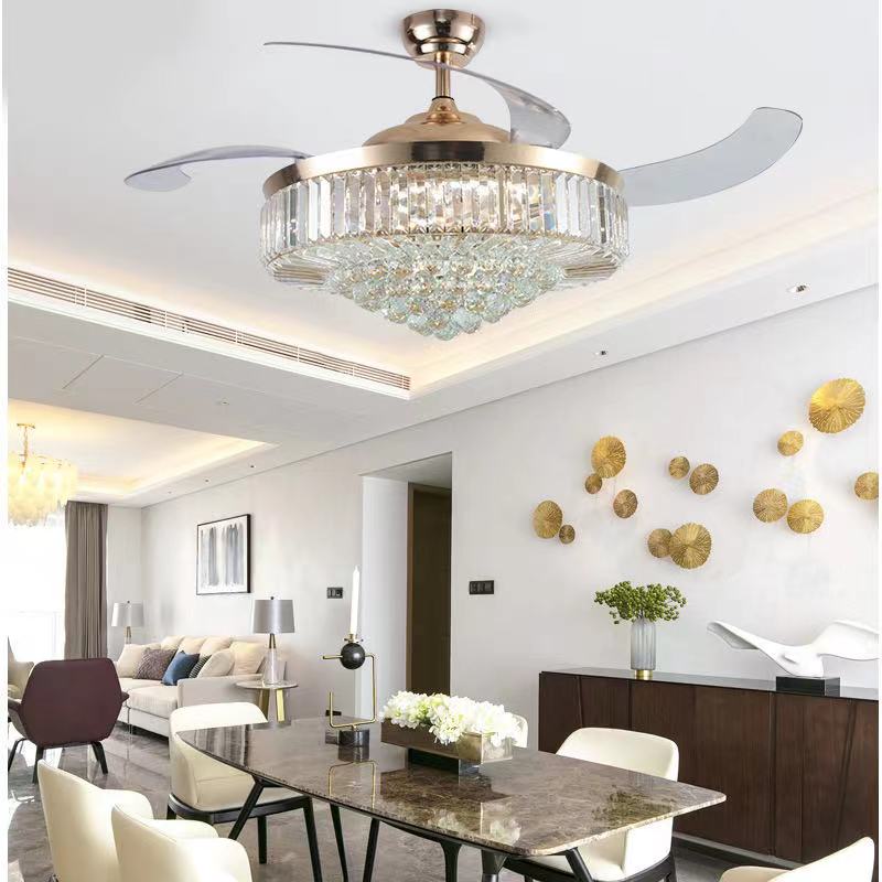 42inch Modern Ceiling Fans With Light Crystal Led Chandelier Pendant Fixture Retractable Blades Remote Control