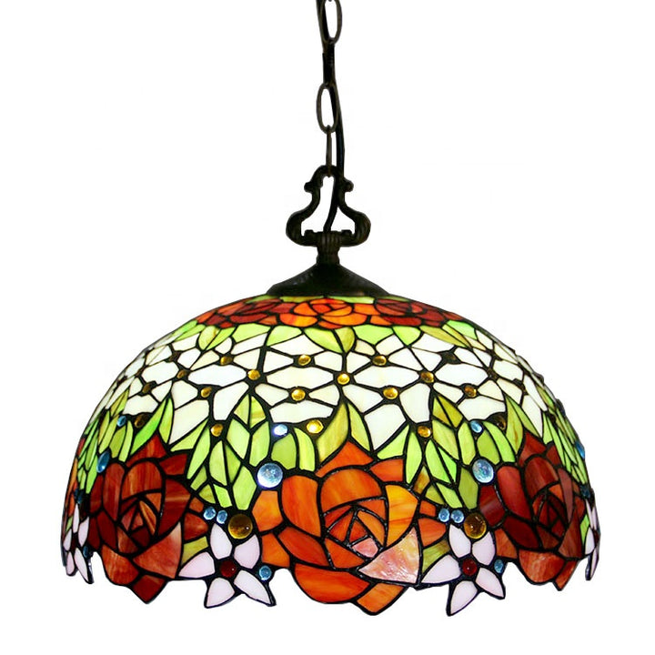 LongHuiJing Rose Tiffany Chandelier Ceiling Lights Colored Glass Restaurant Pendant Lamp