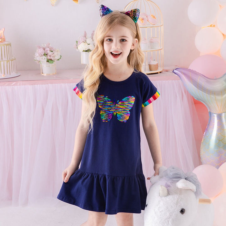 DXTON 2022 Girls Clothes New Summer Girls Dresses Flying Sleeve Princess Dress Sequin Heart Girls Vestidos Casual Children Dress