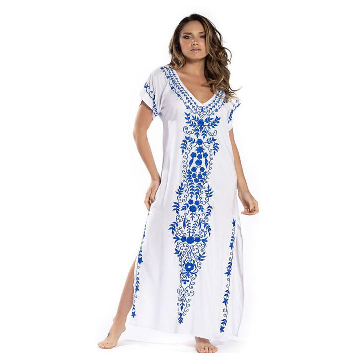 Women Maxi Dress Loose Cover Up Short Sleeve v Neck Side Split