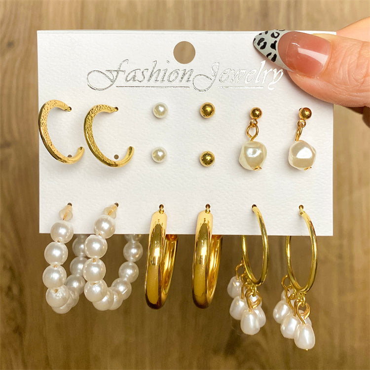 Women fashion geometric pearl stud gold leopard hoop earings