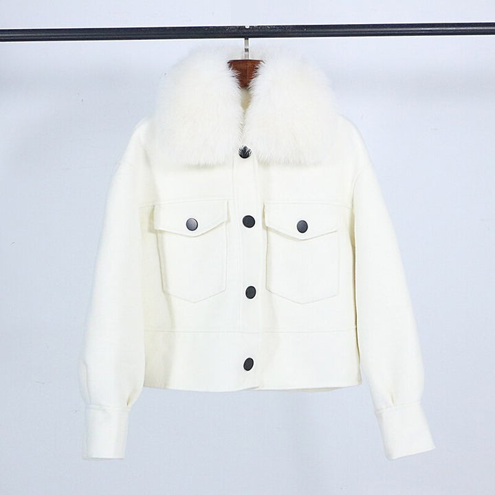 Wool blend womens winter jacket real fur collar pockets outwear