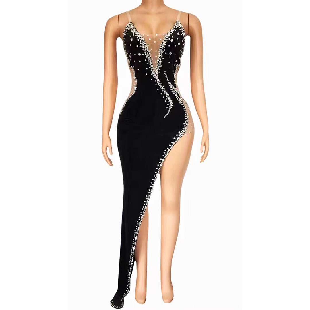 Black velvet crystal dress womens hollow out ballroom wear